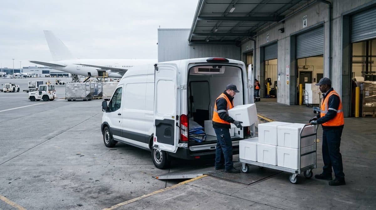 Camioneta refrigerada cargando cajas térmicas en andén de carga aérea del aeropuerto
